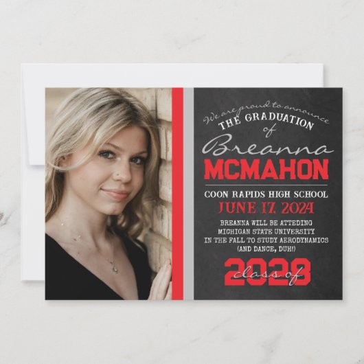 Red & Silver Chalkboard Afstuderen Aankondiging (Voorkant)
