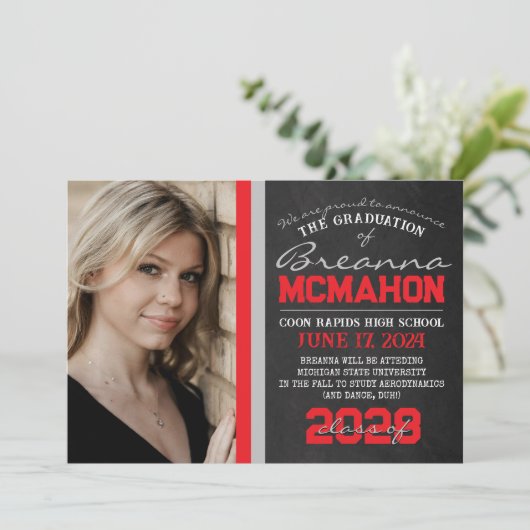 Red & Silver Chalkboard Afstuderen Aankondiging (Staand voorkant)