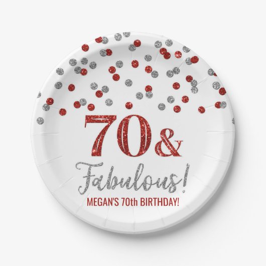 Red Silver Confetti 70 en Fabulous Birthday Papieren Bordje (Voorkant)