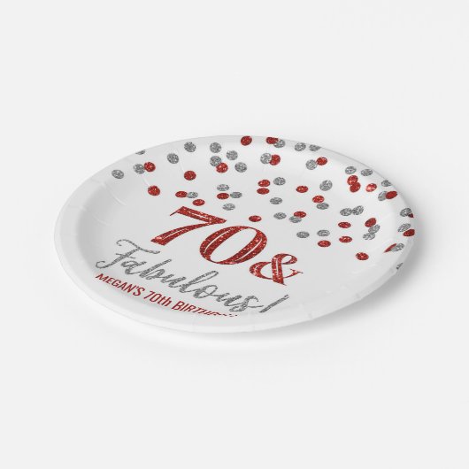 Red Silver Confetti 70 en Fabulous Birthday Papieren Bordje (Gekanteld)