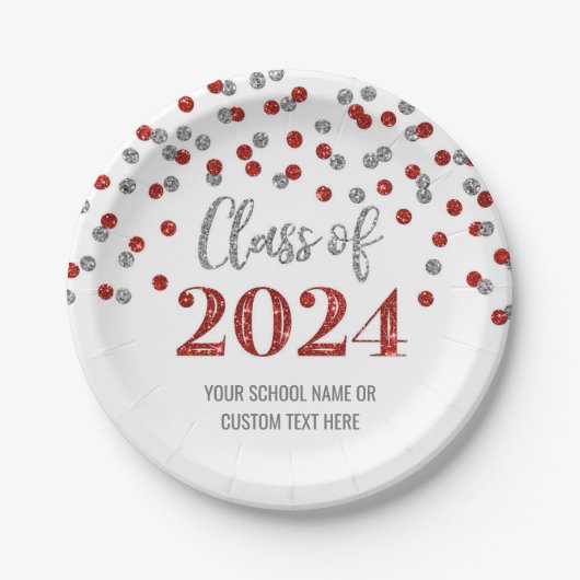 Red Silver Confetti Afstuderen 2024 Papieren Bordje (Voorkant)