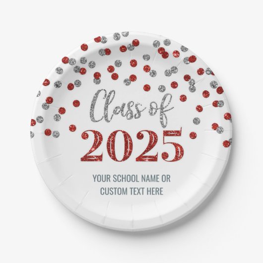 Red Silver Confetti Afstuderen 2025 Papieren Bordje (Voorkant)