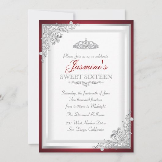 Red Silver Damask Tiara Sweet 16 Uitnodiging (Voorkant)