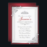 Red Silver Damask Tiara Sweet 16 Uitnodiging<br><div class="desc">Zoete 16 verjaardag. Elegant damask & tiara design. Let op: alle platte afbeeldingen hebben geen echte juwelen!</div>