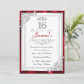 Red Silver Diamond Damask Tiara Sweet 16 Invite Kaart (Staand voorkant)