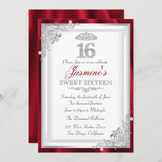 Red Silver Diamond Damask Tiara Sweet 16 Invite Kaart (Voorkant / Achterkant)
