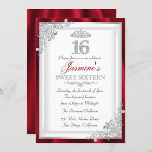 Red Silver Diamond Damask Tiara Sweet 16 Invite Kaart