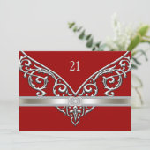 Red Silver Diamond Swirls 21e verjaardagsfeestje Kaart (Staand voorkant)