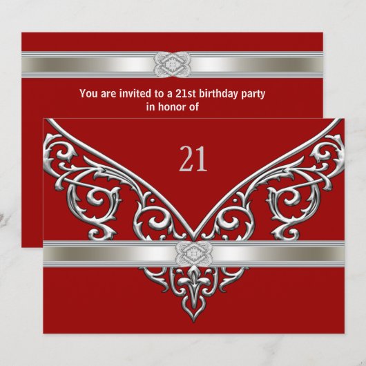 Red Silver Diamond Swirls 21e verjaardagsfeestje Kaart (Voorkant / Achterkant)