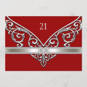 Red Silver Diamond Swirls 21st Birthday Party Kaart