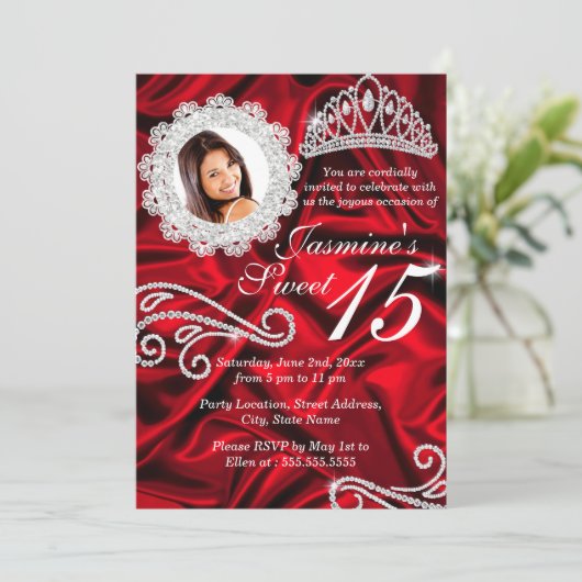 Red Silver Diamond Tiara Foto Quinceanera Kaart (Staand voorkant)