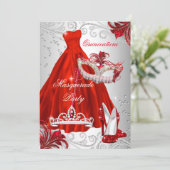 Red Silver Dress masquerade Quinceanera masker Kaart (Staand voorkant)