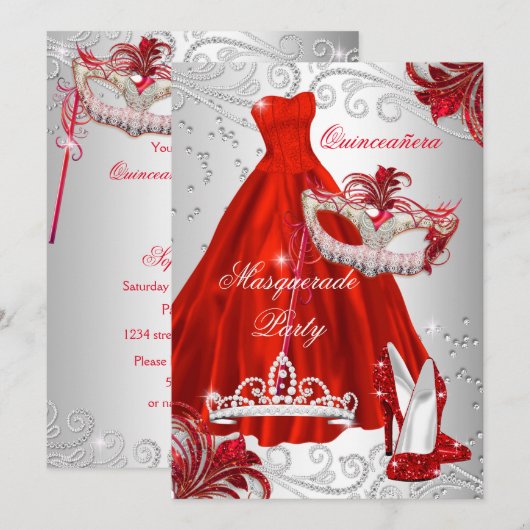 Red Silver Dress masquerade Quinceanera masker Kaart (Voorkant / Achterkant)