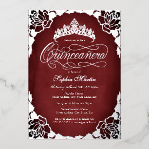 Red Silver Elegant Script Roos Quinceanera Folie Uitnodiging