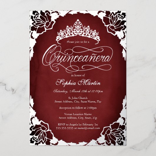 Red Silver Elegant Script Roos Quinceanera Folie Uitnodiging (Voorkant)