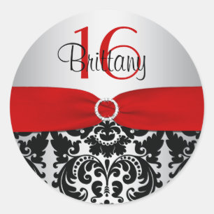 Red, Silver en Black Damask Sweet 16 Sticker