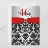 Red, Silver en Black Damask Sweet 16 Uitnodiging (Voorkant)