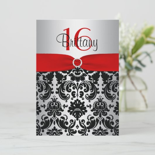 Red, Silver en Black Damask Sweet 16 Uitnodiging (Staand voorkant)