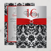 Red, Silver en Black Damask Sweet 16 Uitnodiging (Voorkant / Achterkant)