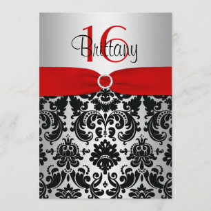 Red, Silver en Black Damask Sweet 16 Uitnodiging