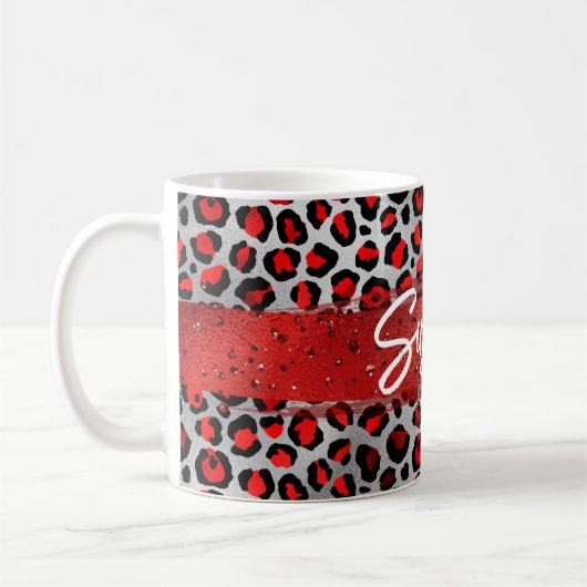 Red Silver en Black Folie Leopard-penseelstreken Koffiemok (Links)