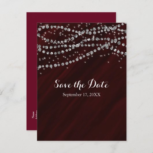 Red & Silver Faux Diamond Bling sparen de datum Aankondigingskaart (Voorkant / Achterkant)