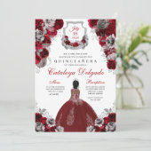 Red & Silver Floral Elegant Quinceañera Kaart (Staand voorkant)
