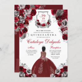 Red & Silver Floral Elegant Quinceañera Kaart