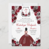 Red & Silver Floral Elegant Quinceañera Kaart (Voorkant)