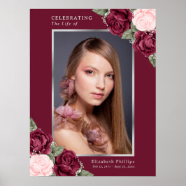 Red Silver Floral Foto Celebration of Life Sign Poster