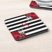 Red Silver Floral Monogram Black White Stripes Bier Onderzetter (Linkerzijde)
