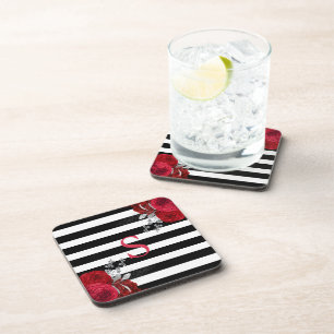 Red Silver Floral Monogram Black White Stripes Bier Onderzetter