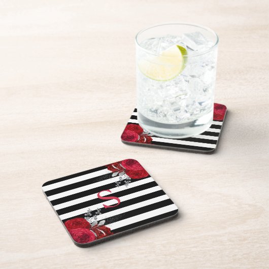 Red Silver Floral Monogram Black White Stripes Bier Onderzetter (Rechterzijde)