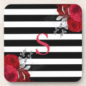 Red Silver Floral Monogram Black White Stripes Bier Onderzetter (Voorkant)