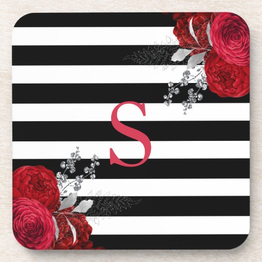 Red Silver Floral Monogram Black White Stripes Bier Onderzetter (Voorkant)