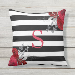 Red Silver Floral Monogram Black White Stripes Buitenkussen
