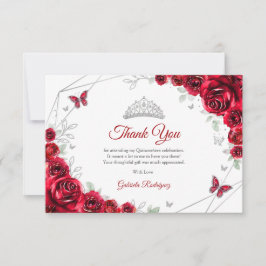 Red Silver Floral Quinceanera Bedankkaart
