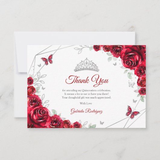 Red Silver Floral Quinceanera Bedankkaart (Voorkant)