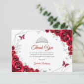 Red Silver Floral Quinceanera Bedankkaart (Staand voorkant)
