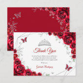 Red Silver Floral Quinceanera Bedankkaart (Voorkant / Achterkant)