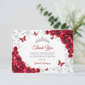 Red Silver Floral Quinceanera Bedankkaart (Staand voorkant)