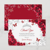 Red Silver Floral Quinceanera Bedankkaart (Voorkant / Achterkant)