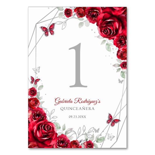 Red Silver Floral Quinceanera Kaart (Voorkant)