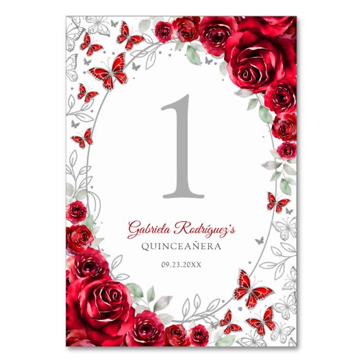Red Silver Floral Quinceanera Kaart (Voorkant)