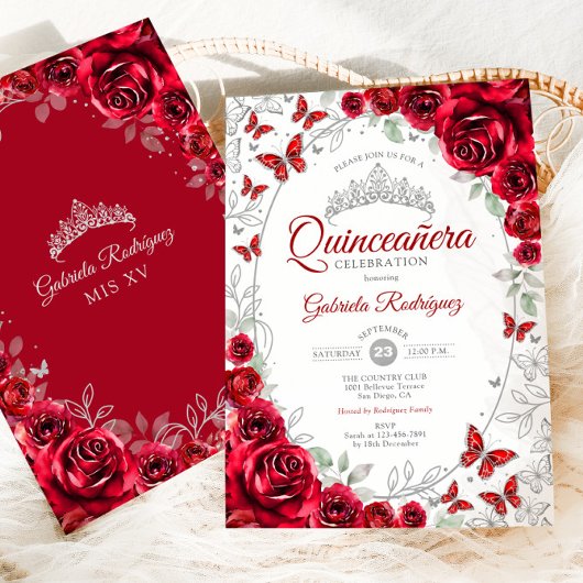 Red Silver Floral Quinceanera Kaart