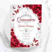 Red Silver Floral Quinceanera Kaart