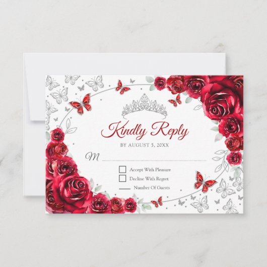 Red Silver Floral Quinceanera Reply RSVP Kaartje (Voorkant)