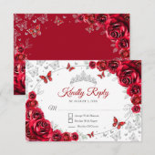 Red Silver Floral Quinceanera Reply RSVP Kaartje (Voorkant / Achterkant)
