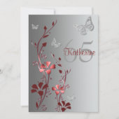 Red, Silver Flowers & Butterflies 65th Invitation Kaart (Voorkant)