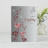 Red, Silver Flowers & Butterflies 65th Invitation Kaart (Staand voorkant)